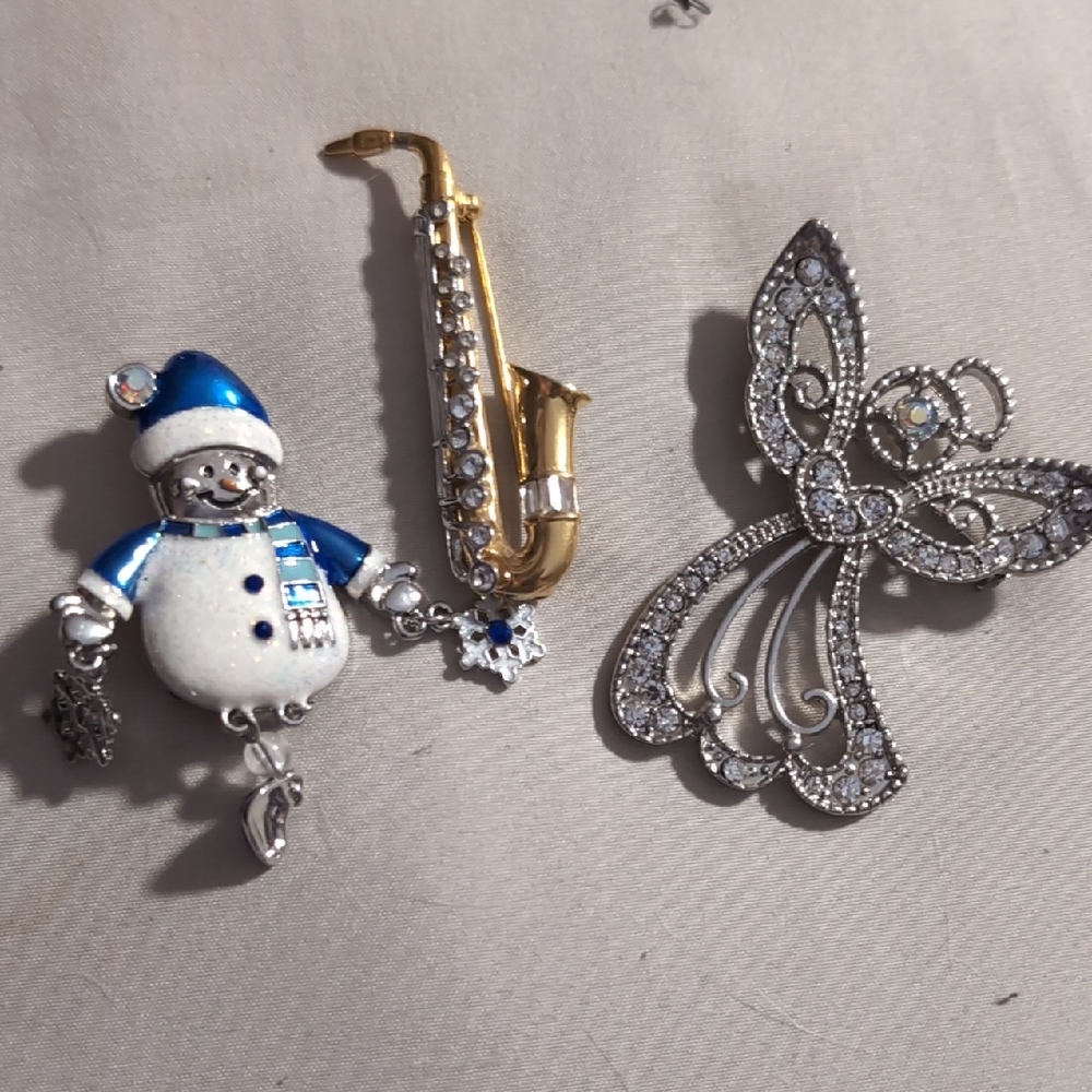 Snowman and Angel Brooch Set